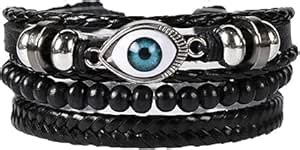 Buy Blue Evil Eye Multi Stranded Layered Leather Black Wooden Beads 3 ...
