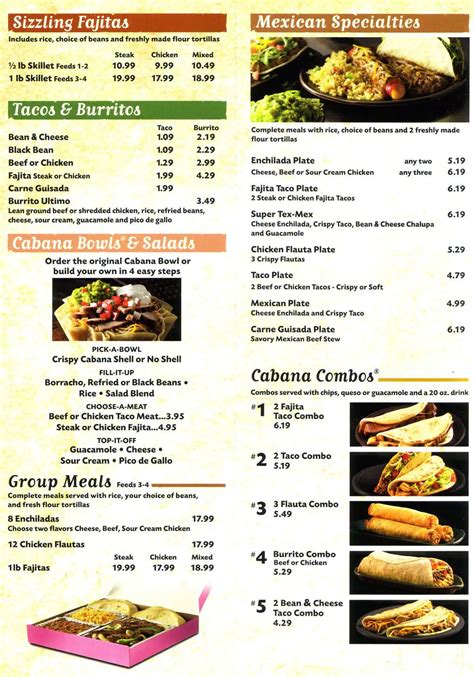 Menu at Taco Cabana restaurant, Dallas, W Northwest Hwy
