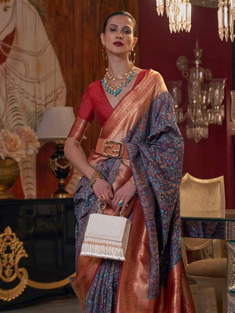 Buy Blue And Red Pashmina Saree 17809 Online | Karagiri