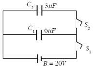 In the circuit shown here C1= 6andmu; F, C2= 3andmu; F and battery B ...