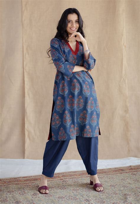 Indian Ethnic Women's Saina Dark Indigo Ajrakh Cotton Straight Kurta ...