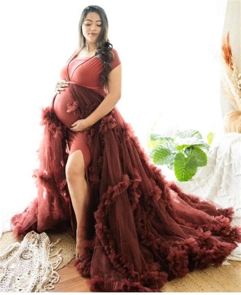 G2112, Dark Wine Ruffled Maternity Shoot Trail Gown, Size (All Sizes)p ...