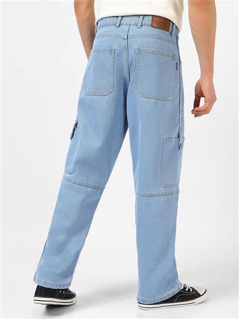 Men's Ice Blue Loose Baggy Fit Washed Cargo Jeans With 6 Pockets Non-S ...