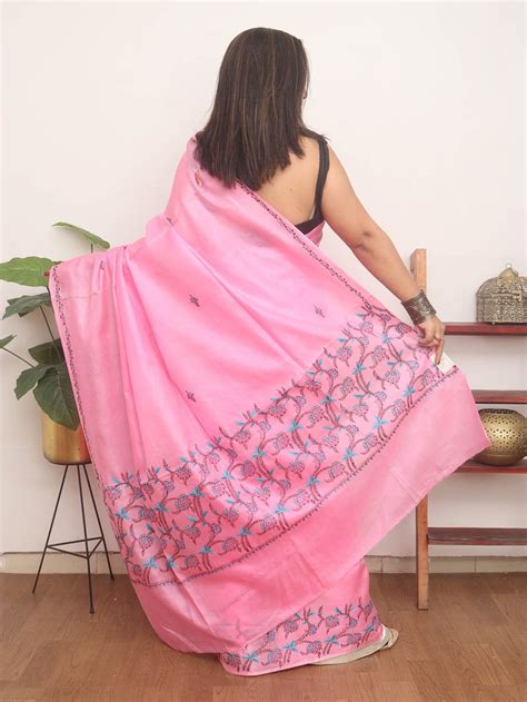 Pink Embroidered Kashmiri Sozni Work Pure Silk Saree - Luxurionworld