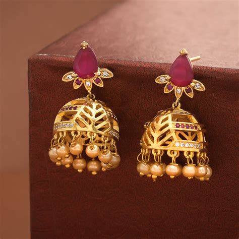CZ Traditional Gold Plated Red & White Jhumka Earrings – VOYLLA