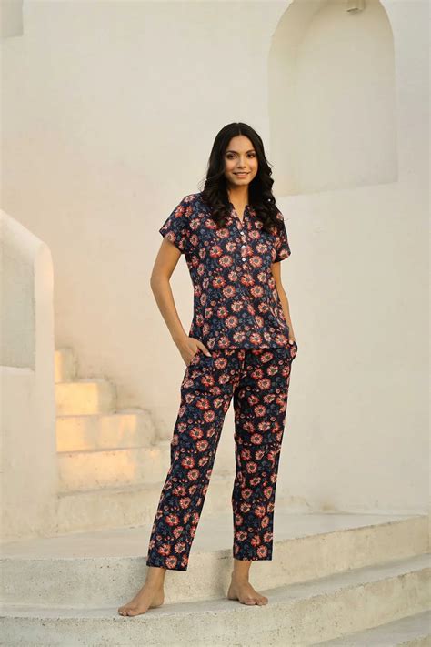 Navy Blue Printed Pure Cotton Night suit – Sanskruti Homes