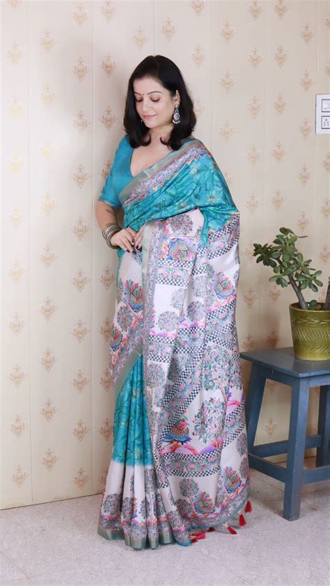 Turquoise Blue Tussar Silk Floral Madhubani Fusion Printed Saree with ...
