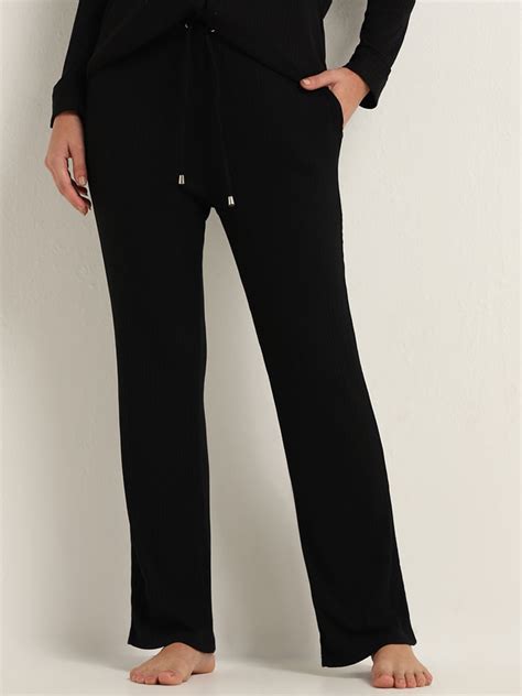 Buy Wunderlove Black Ribbed Straight-Fit Pants from Westside