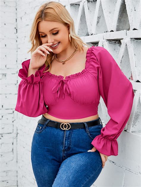 Hot Pink Boho Long Sleeve Polyester Plain Top Embellished Non-Stretch ...