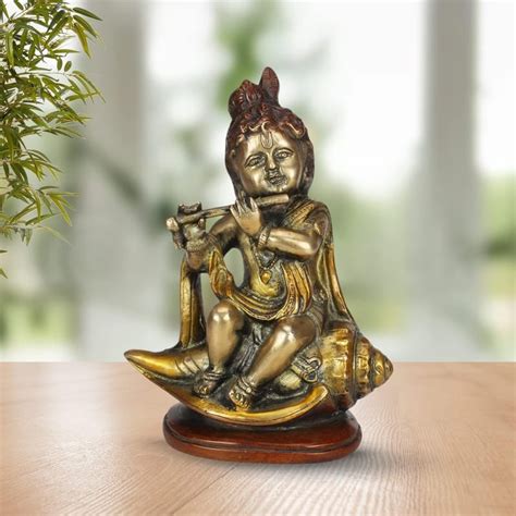 ARTVARKO Brass Lord Bal Krishna Bhagwan Playing Flute on Shankh ...