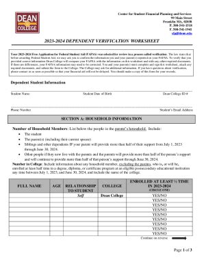 Fillable Online 2023-2024 Dependent Verification Worksheet. Dependent ...