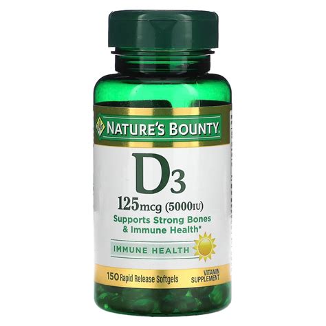 Nature's Bounty, D3, 125 mcg (5,000 IU), 150 Rapid Release Softgels ...