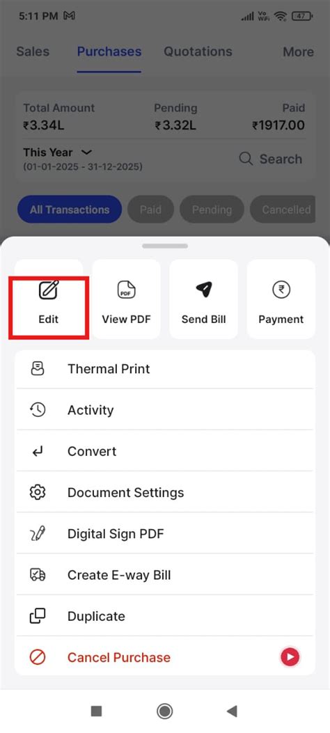 How to edit purchase invoice on mobile? - Android - Swipe