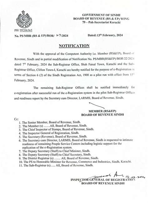 Board of Revenue Sindh notifies e-registration in registrar offices in ...
