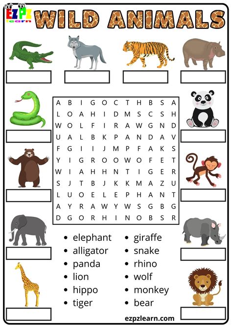 Wild Animals Vocabulary Part 2 Word Search and Match the Words Activity ...