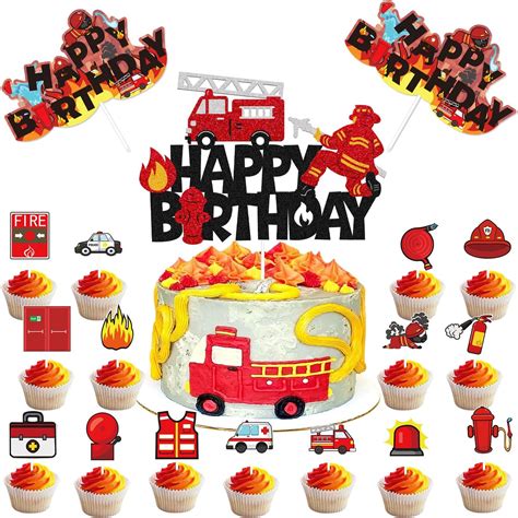 Buy Fireman Cupcake Cake Topper Fire Hydrant Truck Firefighter Helmet ...
