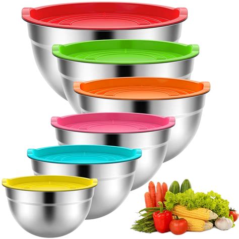 TINANA Stainless Steel Mixing Bowls with Airtight Lids, 6 Nesting Bowls ...