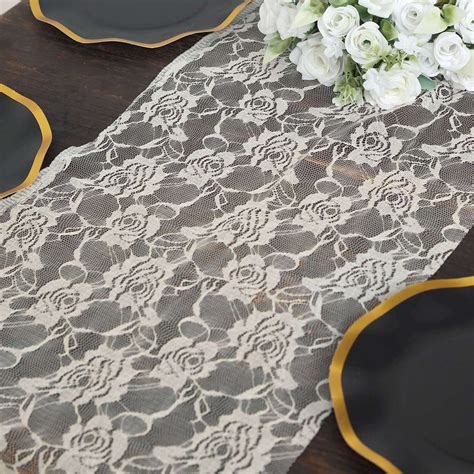 Lace Table Runner with Flower Pattern 12"x108" Ivory | TableclothsFactory