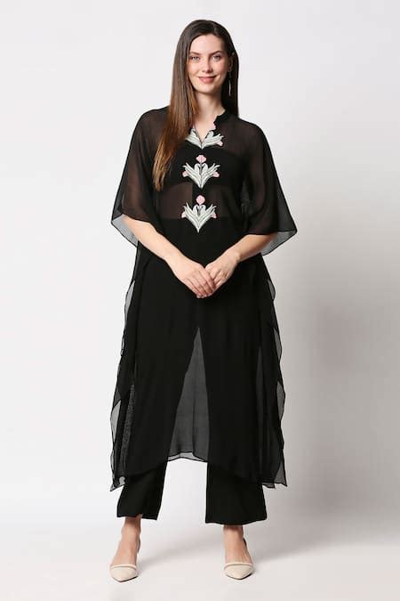 Buy Black Chiffon Embroidery V Neck Kaftan With Pants For Women by Neha ...