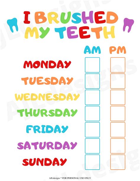 Printable rainbow teeth brushing chart. Perfect for keeping kids on track with brushing their ...