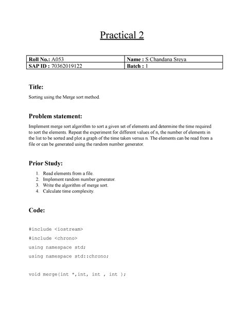 Practical 2(DAA) - Merge sort in C++ - Practical 2 Roll No.: A053 Name ...