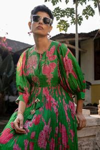 Buy Green Crepe Sequins, Mirrors Round Neck Spring Blooming Floral ...