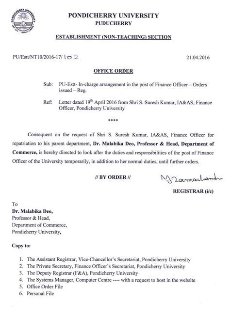 In-charge arrangement in the post of Finance Officer | Pondicherry ...