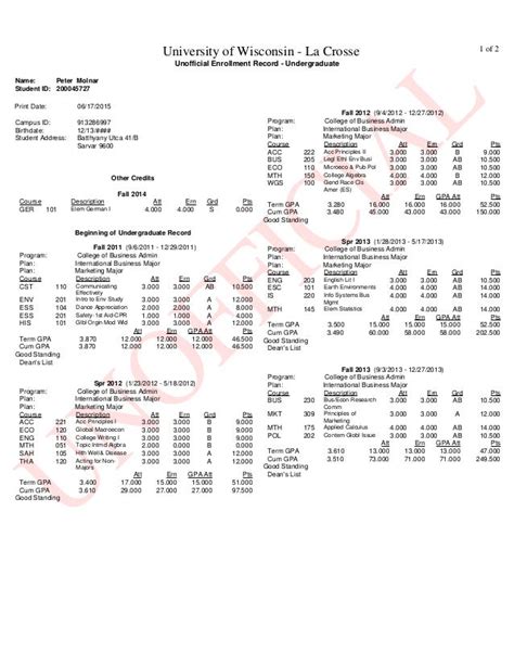 Image result for Unofficial Transcript Sample