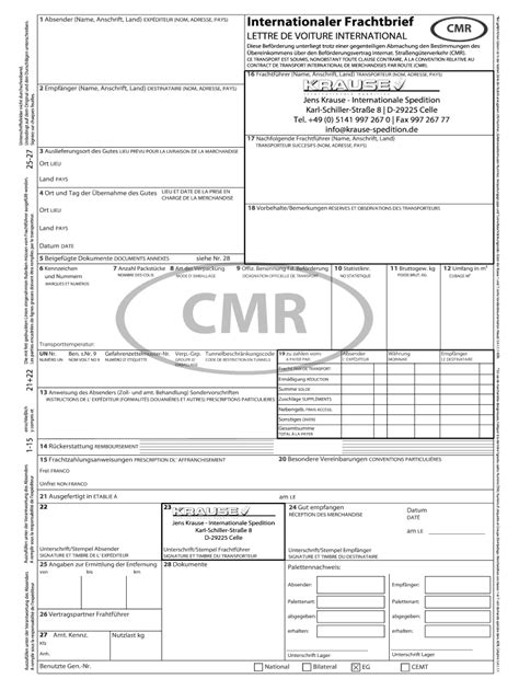 DE CMR Internationaler Frachtbrief Lettre de - Blank Fillable Template ...