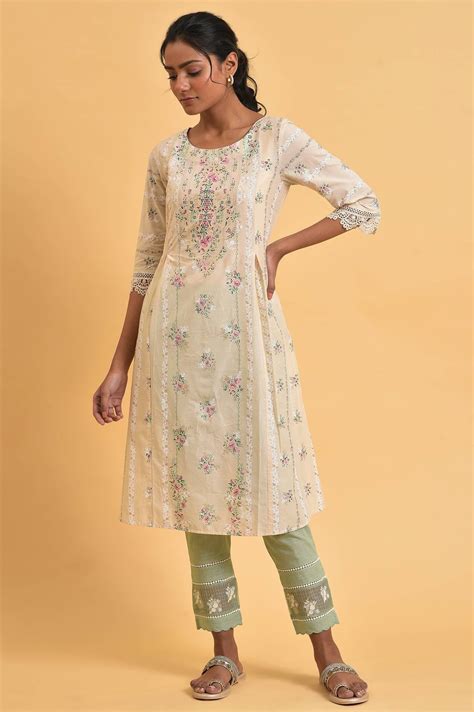 Buy Beige Floral Print Round Neck Cotton kurta Online for Woman | WforWoman