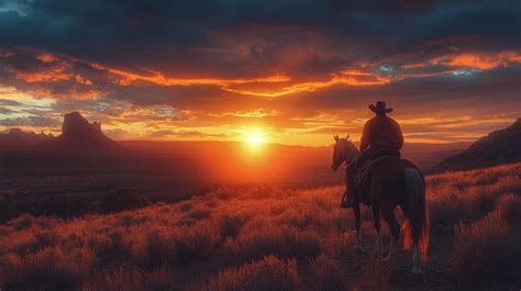 Cowboy riding into sunset on a horse across a grassy landscape in open ...