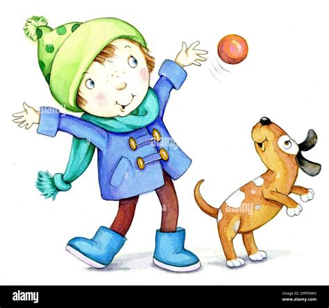 Juvenile-young boy throwing ball for dog Stock Photo - Alamy