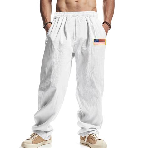 CHCNHAC White Linen Pants for Men Independence Day Elastic Waist ...