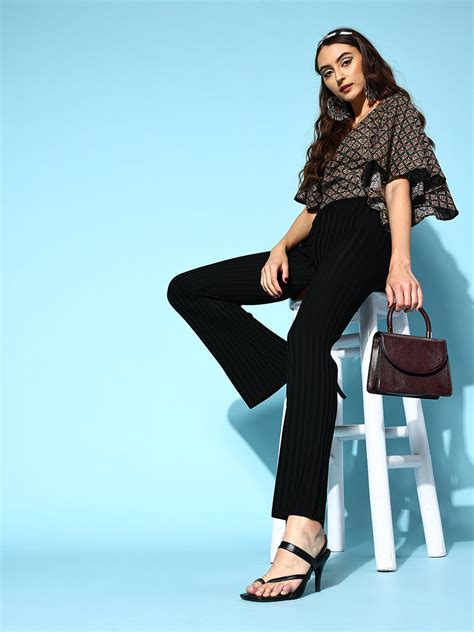 Black Foil Print Bell Sleeves Top