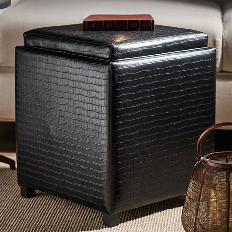 Black Textured Faux Leather Pouffe with Storage