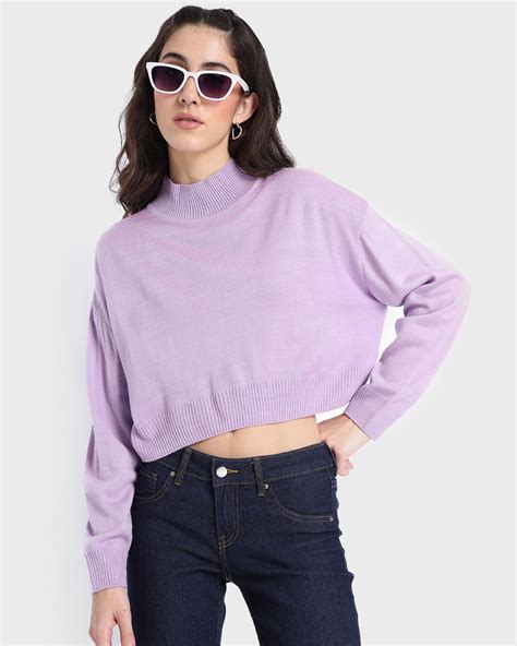 Buy Women's Pastel Lilac High Neck Oversized Crop Sweater Online at ...