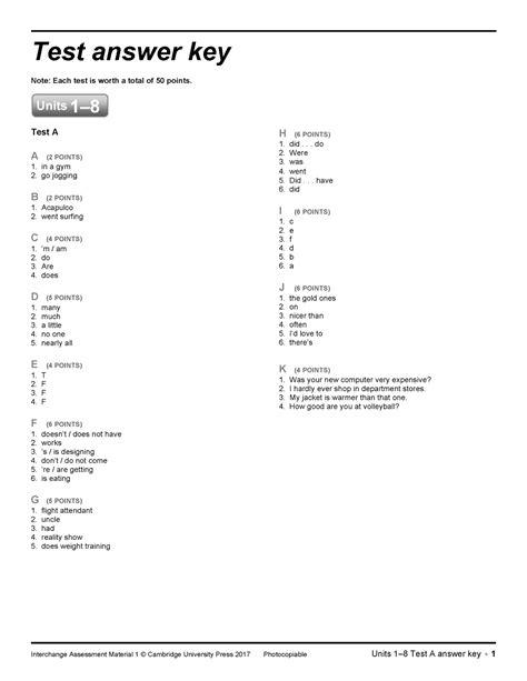 IC5 L1 T1to8A Key - INGLÉS BASIC 1 - Interchange Assessment Material 1 ...