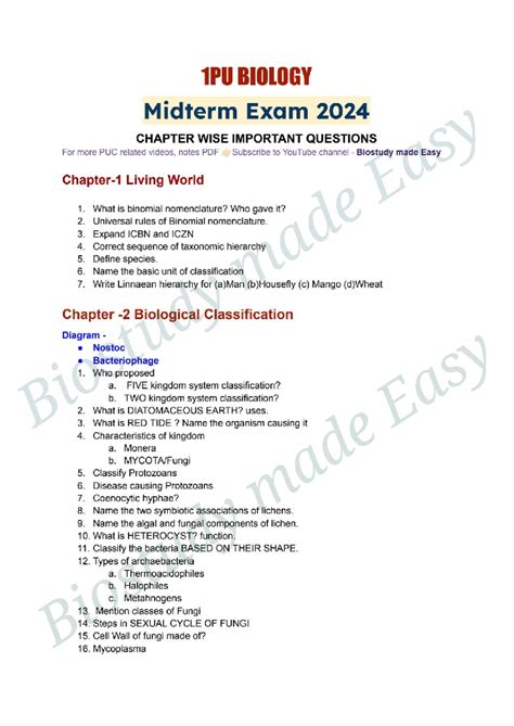 1PU BIOLOGY Midterm Exam 2024: Key Questions by Chapter - Studocu