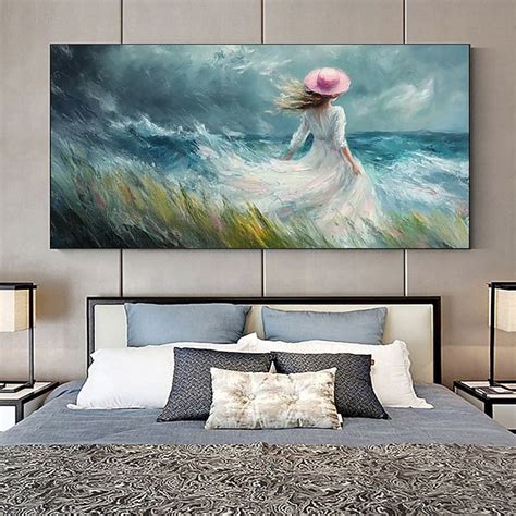 Handpaint Modern Abstract Canvas Painting Lady Wearing White By The Sea ...