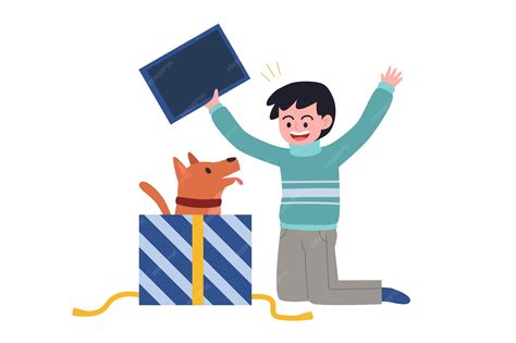 Premium Vector | Little boy gets puppy as a surprise present