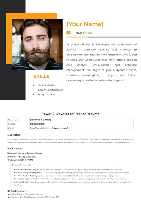Free Power Bi Developer Fresher Resume Template to Edit Online