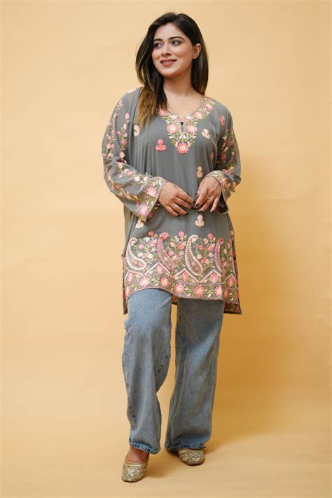 Grey colour aari work neck short kashmiri kurti with thread embroidery