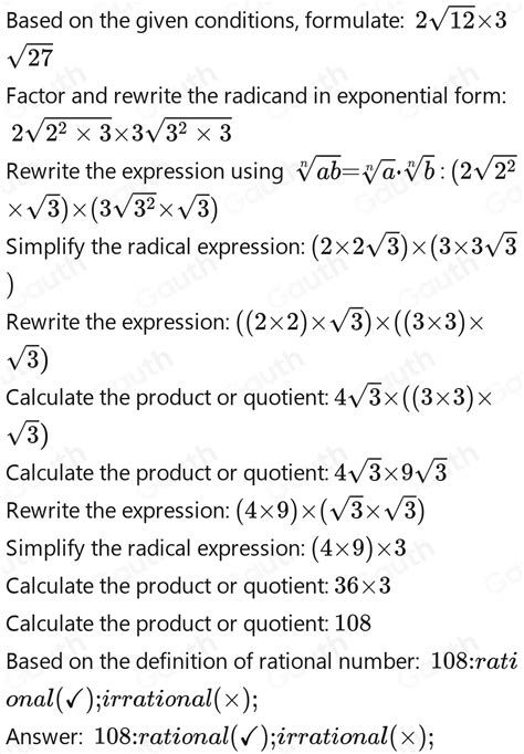 Solved: Find the product of 2sqrt(12) and 3sqrt(27) in simplest form ...
