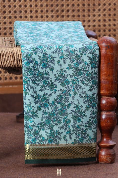 Mysore Silk Saree In Dusty Mint With Floral Printed Design