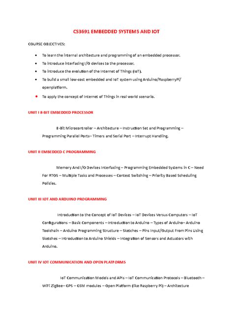 1 IOT-syllabus - CS3691 EMBEDDED SYSTEMS AND IOT COURSE OBJECTIVES: To ...