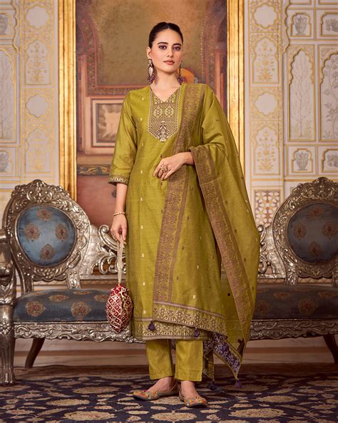 Women's Mustad Silk Blend Woven Design Kurta with Trouser & Woven Dupa
