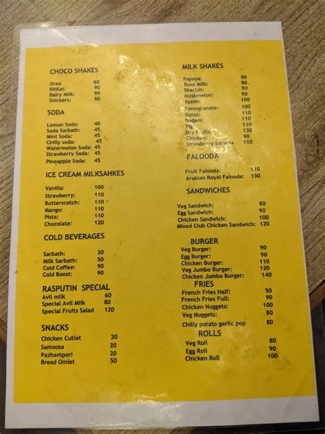 Menu at Cafe Rasputin, Hyderabad
