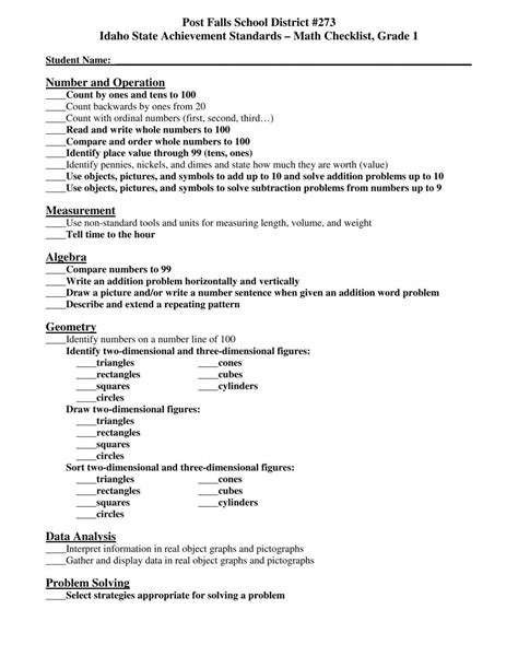 Image result for 1st Grade Math Checklist