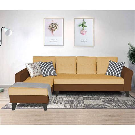 Adorn India Maddox Plain Two Tone L Shape 6 Seater Sofa Set LHS (Brown