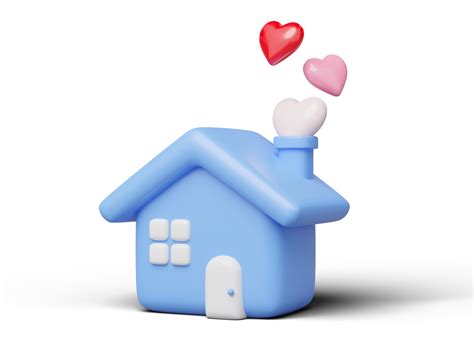 3d blue house with pink heart smoke. Cute home model of care and love ...
